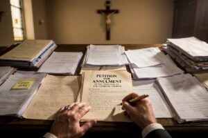 A desk with annulment papers on it.