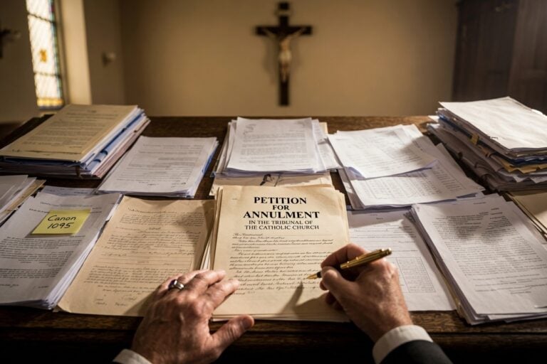 A desk with annulment papers on it.
