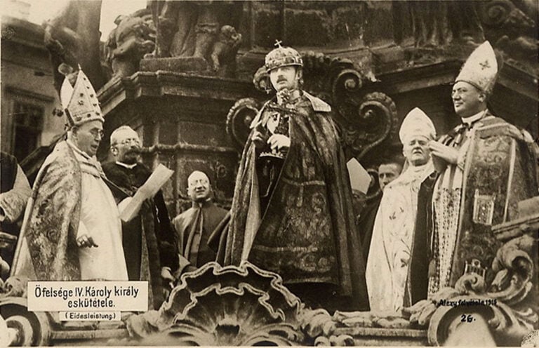 King Charles IV taking his coronation oath at Holy Trinity Column in 1916.