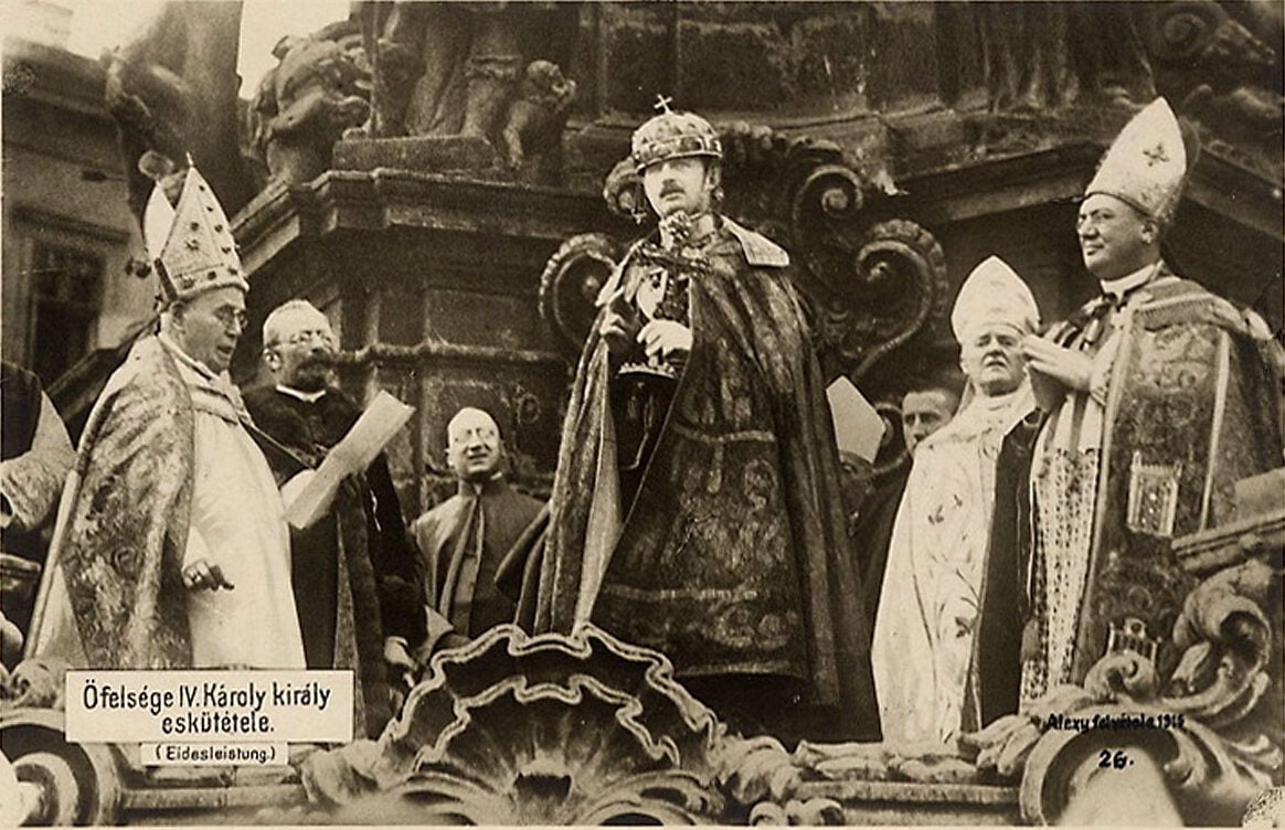 King Charles IV taking his coronation oath at Holy Trinity Column in 1916.