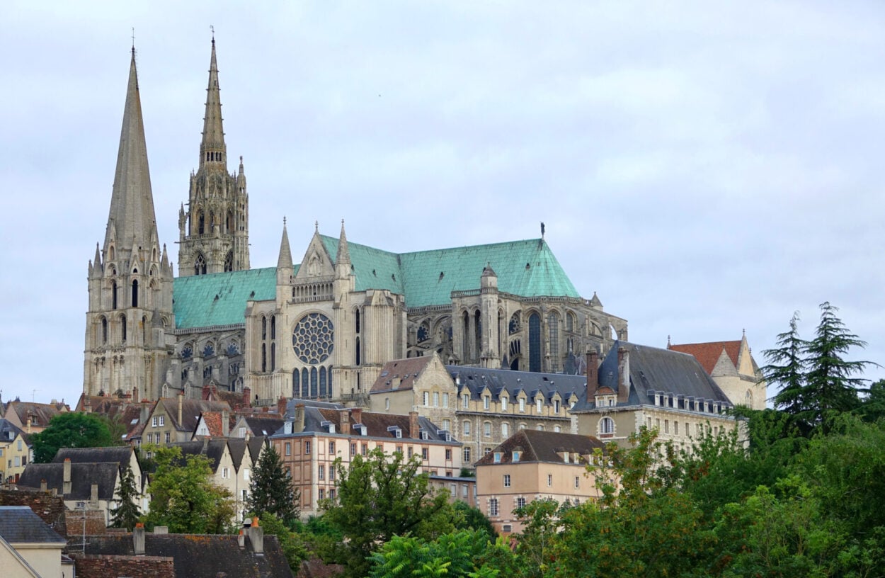 Wide shot of Chartres Cathedral.