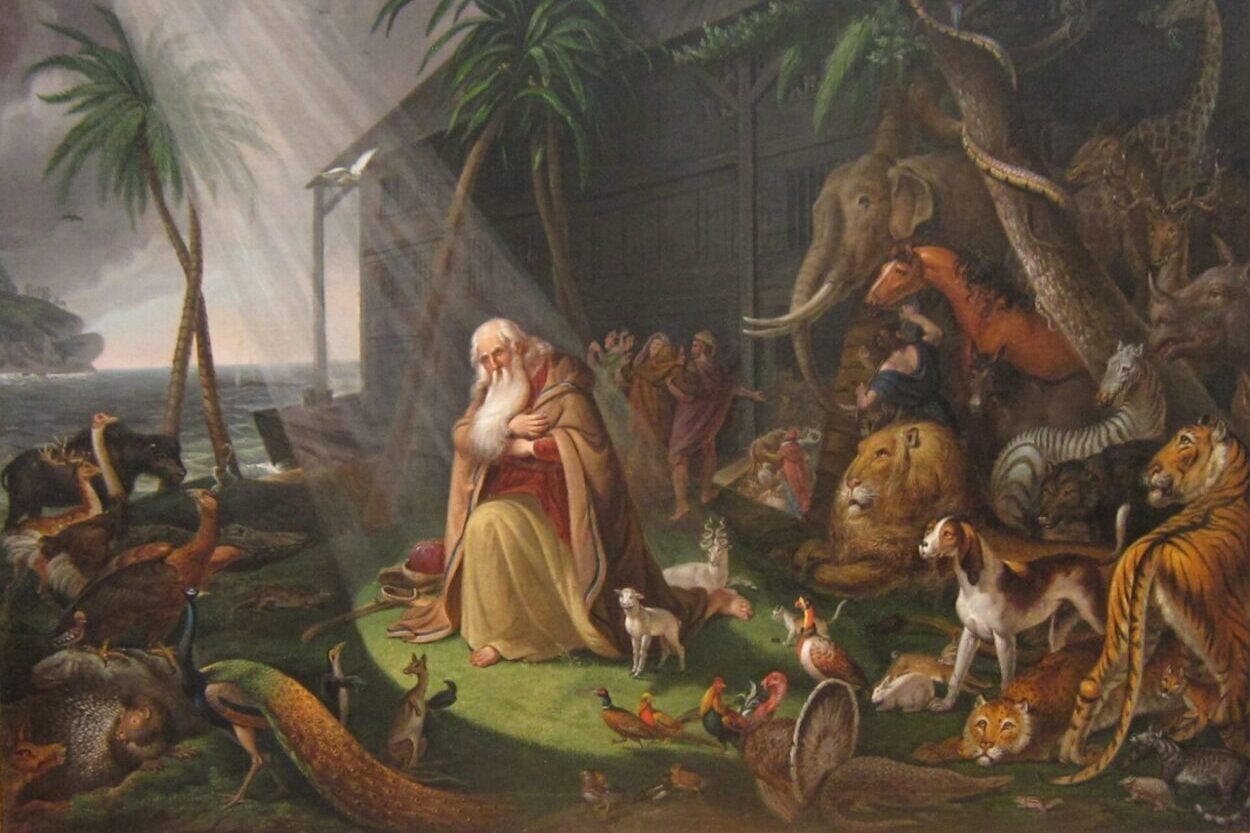 Noah and his ark surrounding by animals.