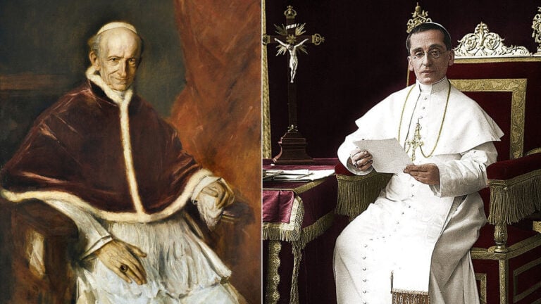 Portraits of Pope Leo XIII and Pope Benedict XV next to one another.
