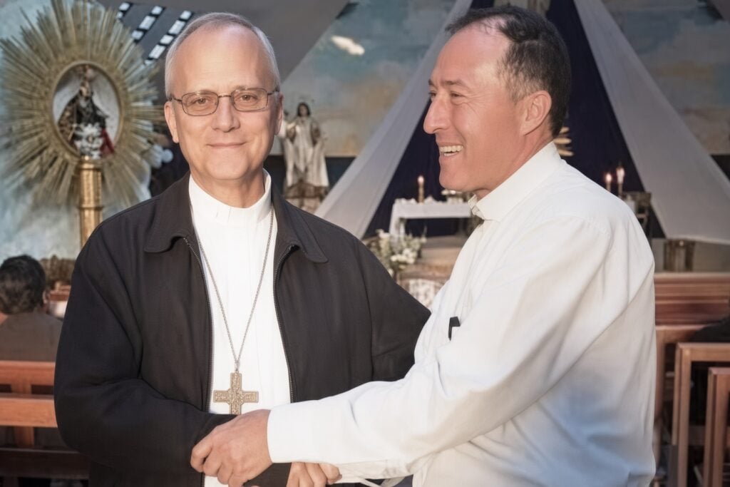 Bishop Prevost with Fr Lute.